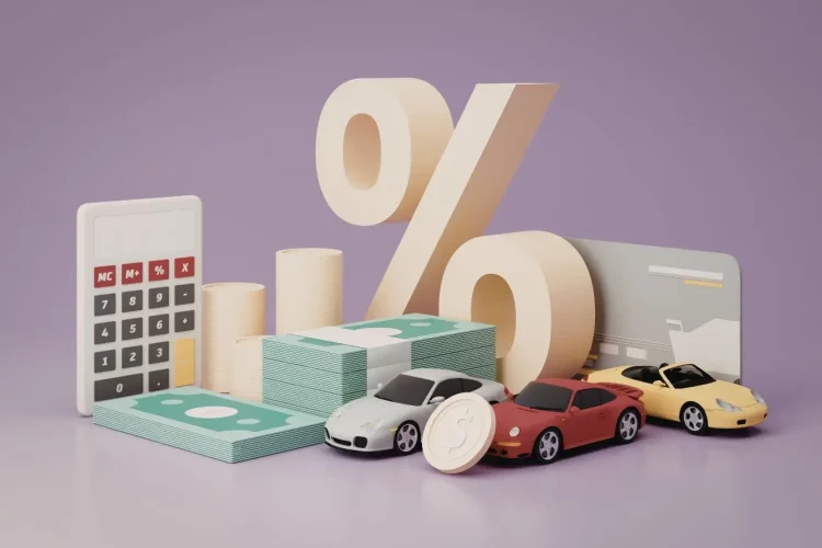 Illustration 3D avec symbole pourcentage entouré de voitures et billets, incarnant les taux et conditions liés au crédit auto