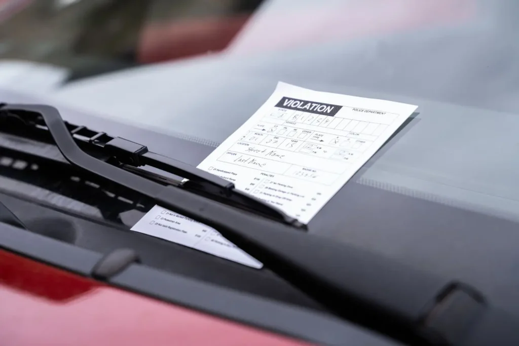 Amende visible sur le pare-brise d’un véhicule rouge, déposée par la police pour stationnement gênant