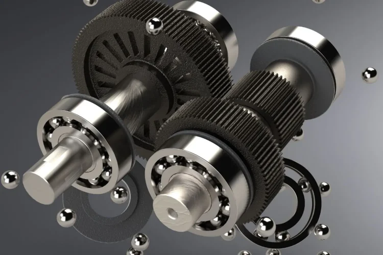 Vue 3D détaillée d’engrenages et roulements métalliques, image illustrant la précision mécanique d’une boîte de vitesses DSG moderne.