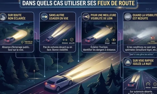 Infographie nocturne montrant voitures sur routes sombres, image illustrant dans quels cas utiliser ses feux de route.