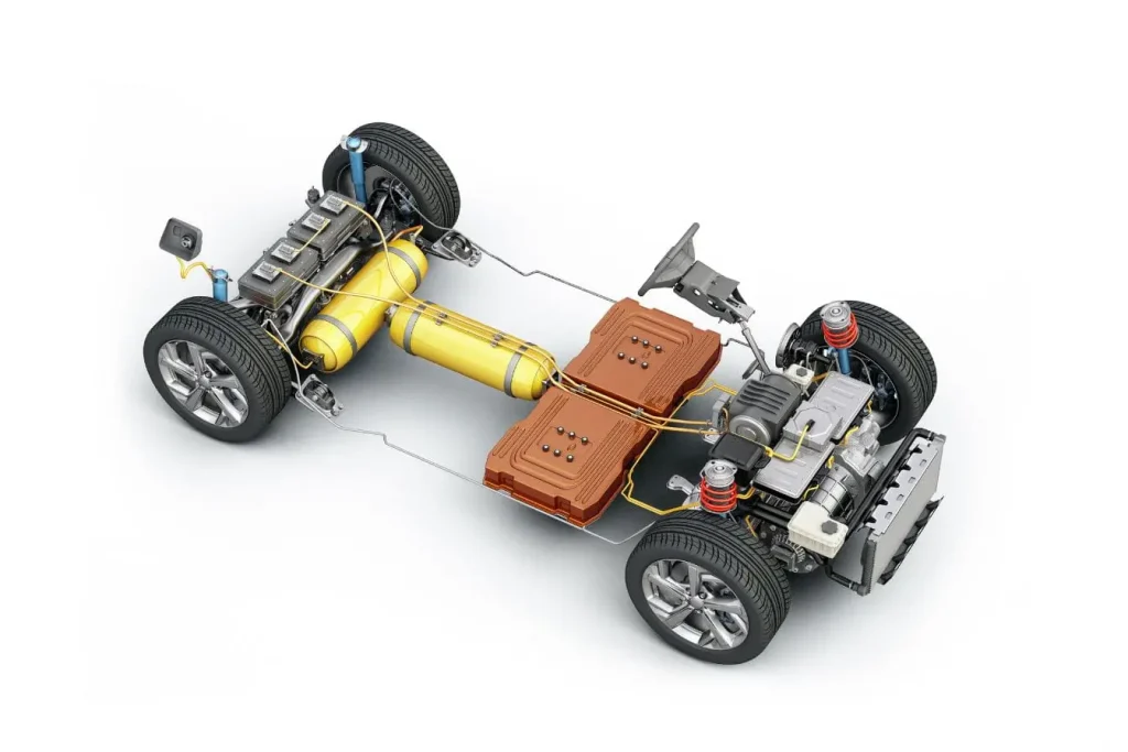 Vue détaillée d’un châssis automobile avec réservoirs jaunes et batteries, image illustrant la conception d’une voiture à hydrogène.