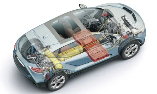 Vue semi-transparente d’une voiture moderne révélant réservoirs jaunes et batteries rouges, image illustrant la technologie d’une voiture à hydrogène.